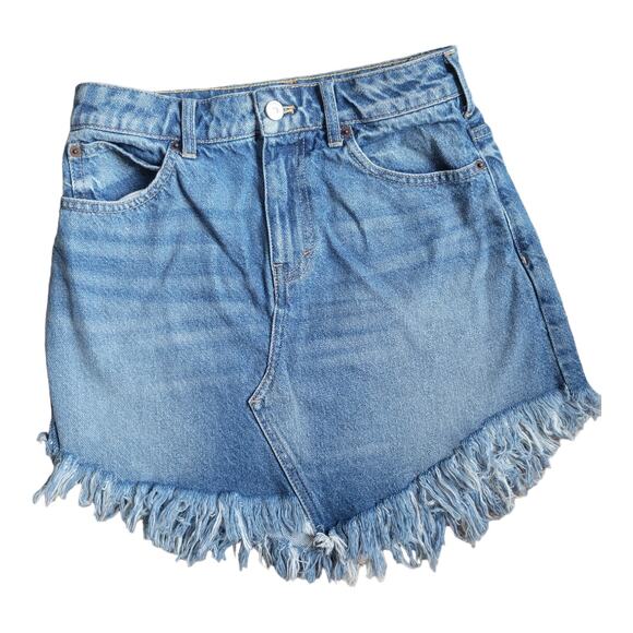 We The Free Bailey Denim Mini Skirt Frayed Raw Curved Hem Women 25 - Picture 2 of 12